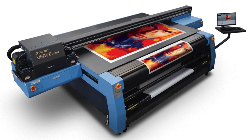 Colorjet – VERVE HYBRID: A high-performance 3.2 M UV Flatbed Roll to Roll Hybrid printer, seamlessly blending speed and precision for efficient UV printing.