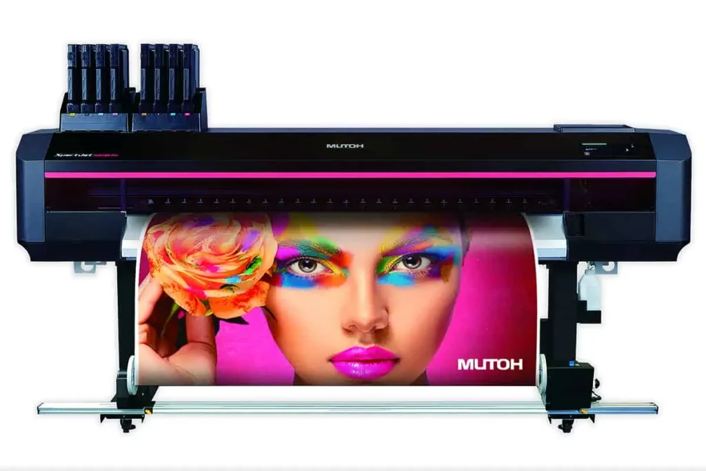 MUTOH XpertJet 1682SR Pro Eco-Solvent Printer with staggered dual AccuFine HD printheads for ultra-fast print speeds.